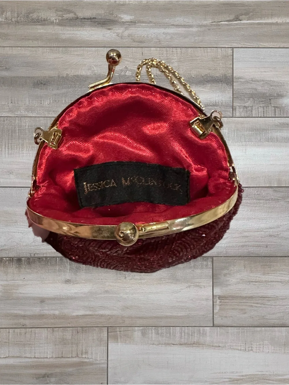 Jessica McClintock Burgundy Beaded Evening Clutch with Gold Chain